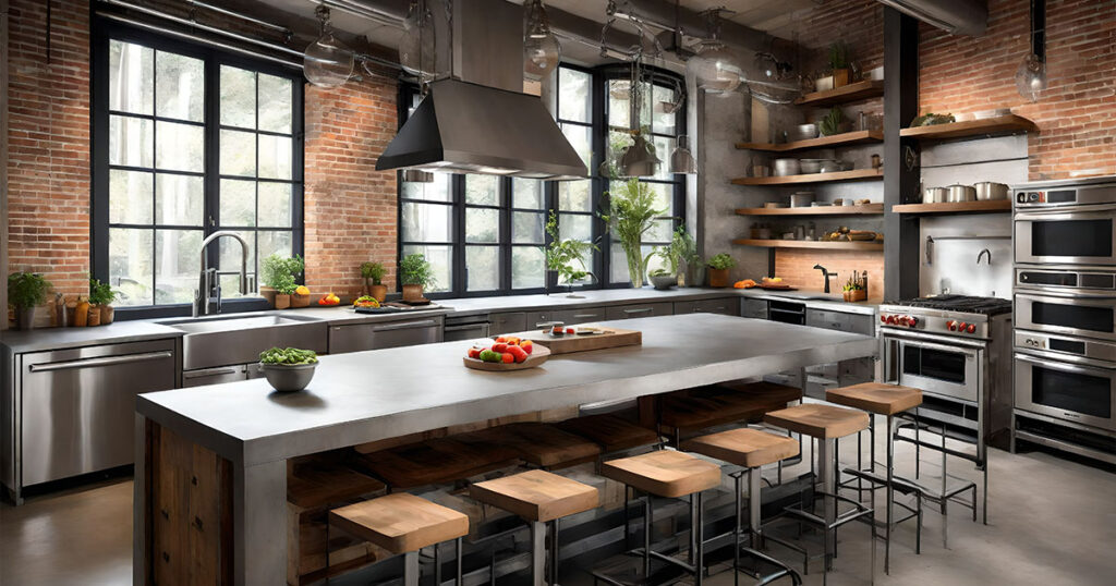 industrial kitchen featuring concrete countertops and stainless steel appliances