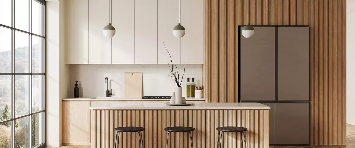 minimalist design kitchen with wooden kitchen island bar and white cabinets