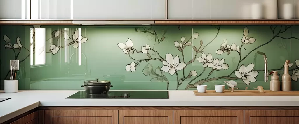a kitchen with a green backsplash and white flowers painted on the wall