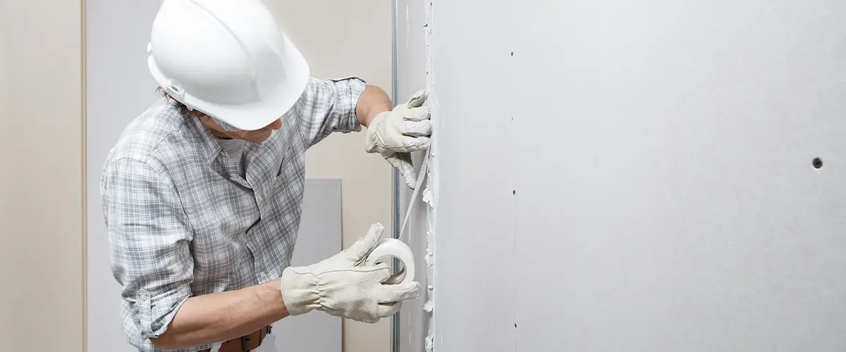 Worker repairing a drywall wall.